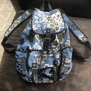 A blue floral backpack
